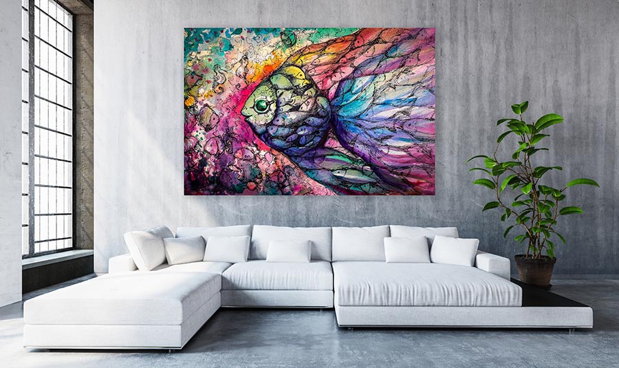 Modny obraz z kolorową abstrakcyjną rybą