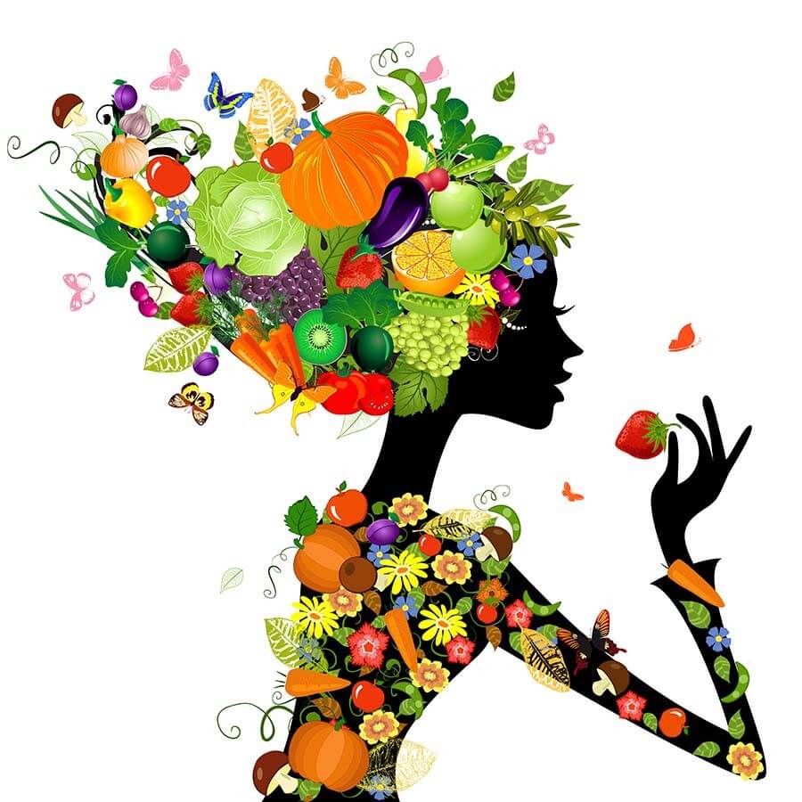 Abstrakcyjna dziewczyna ubrana w owoce i warzywa - obrazy, fototapety, plakaty