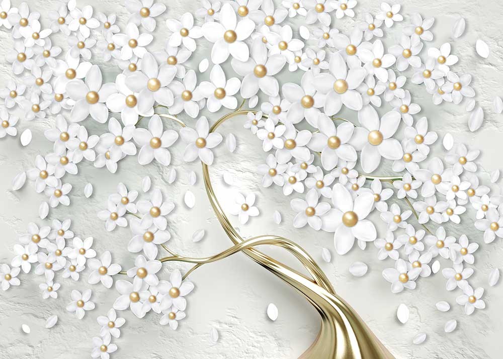 Złote drzewo z białymi kwiatami - obrazy, fototapety, plakaty
