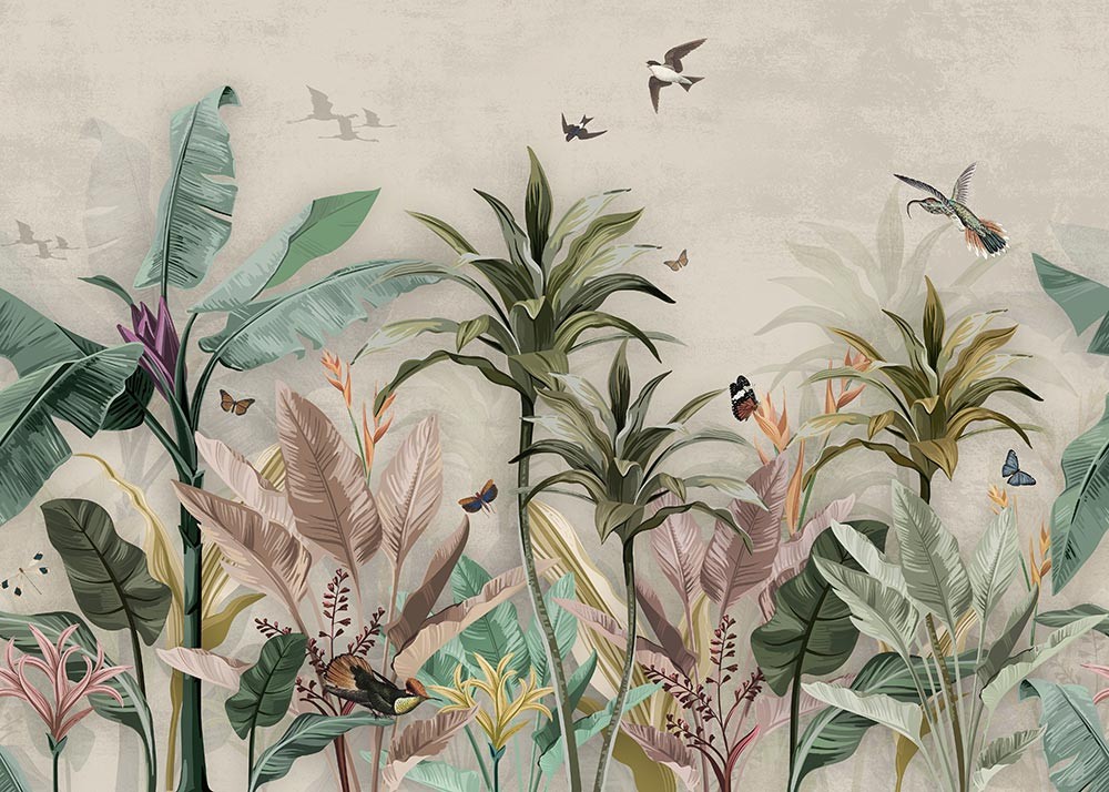 Fapeta palmowy las tropikalny vintage, dżungla z ptakami - obrazy, fototapety, plakaty