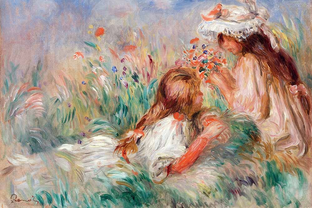 Dziewczynki na łące zbierające bukiet kwiatów Renoira, Reprodukcja - obrazy, fototapety, plakaty