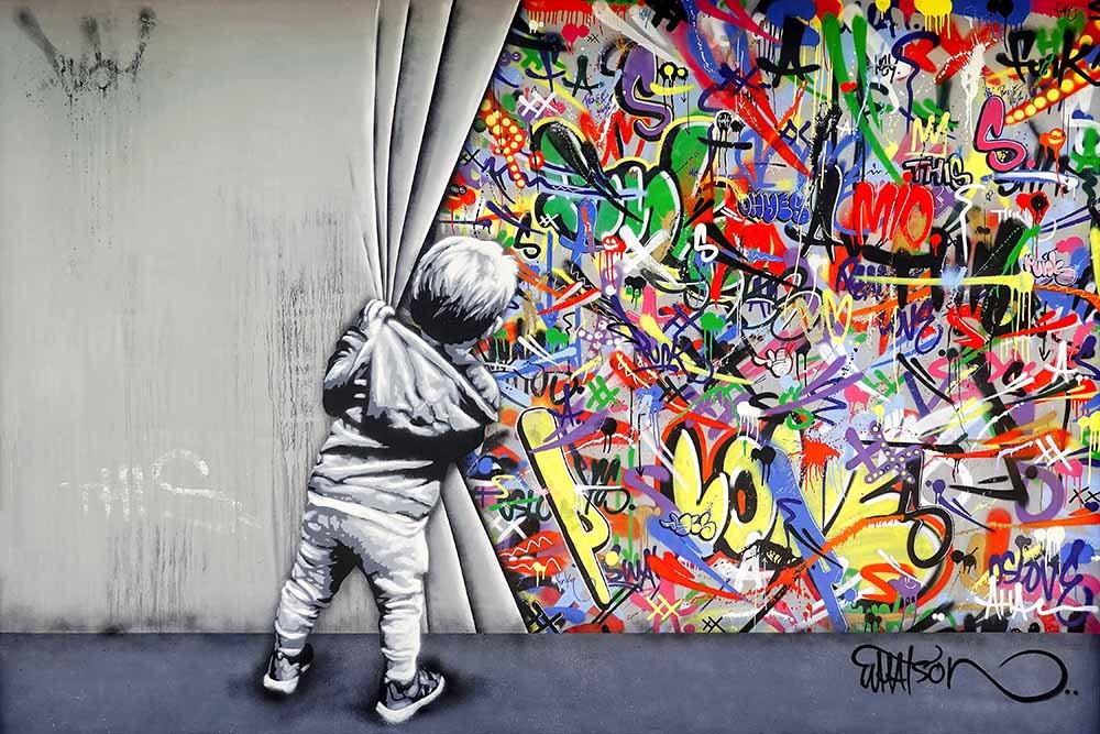 Banksy Grafika Behind the Curtain - obrazy, fototapety, plakaty