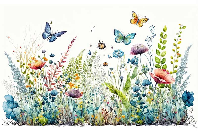 Letnia łąka z kwiatami i motylami - akwarela - obrazy, fototapety, plakaty