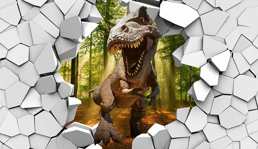 Dinozaur wychodzący z rozbitej ściany - obrazy, fototapety, plakaty